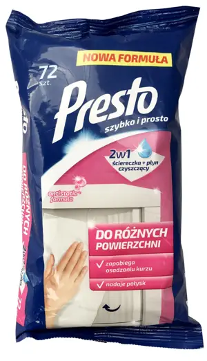 Nawilżające ściereczki Presto, przeznaczone do codziennego czyszczenia mebli laminowanych, powierzchni plastikowych. Usuwają kurz i zapobiegają jego osadzaniu. Nadają połysk dzięki formule wzbogaconej emulsją oleju silikonowego. Usuwają brud i ślady pa...