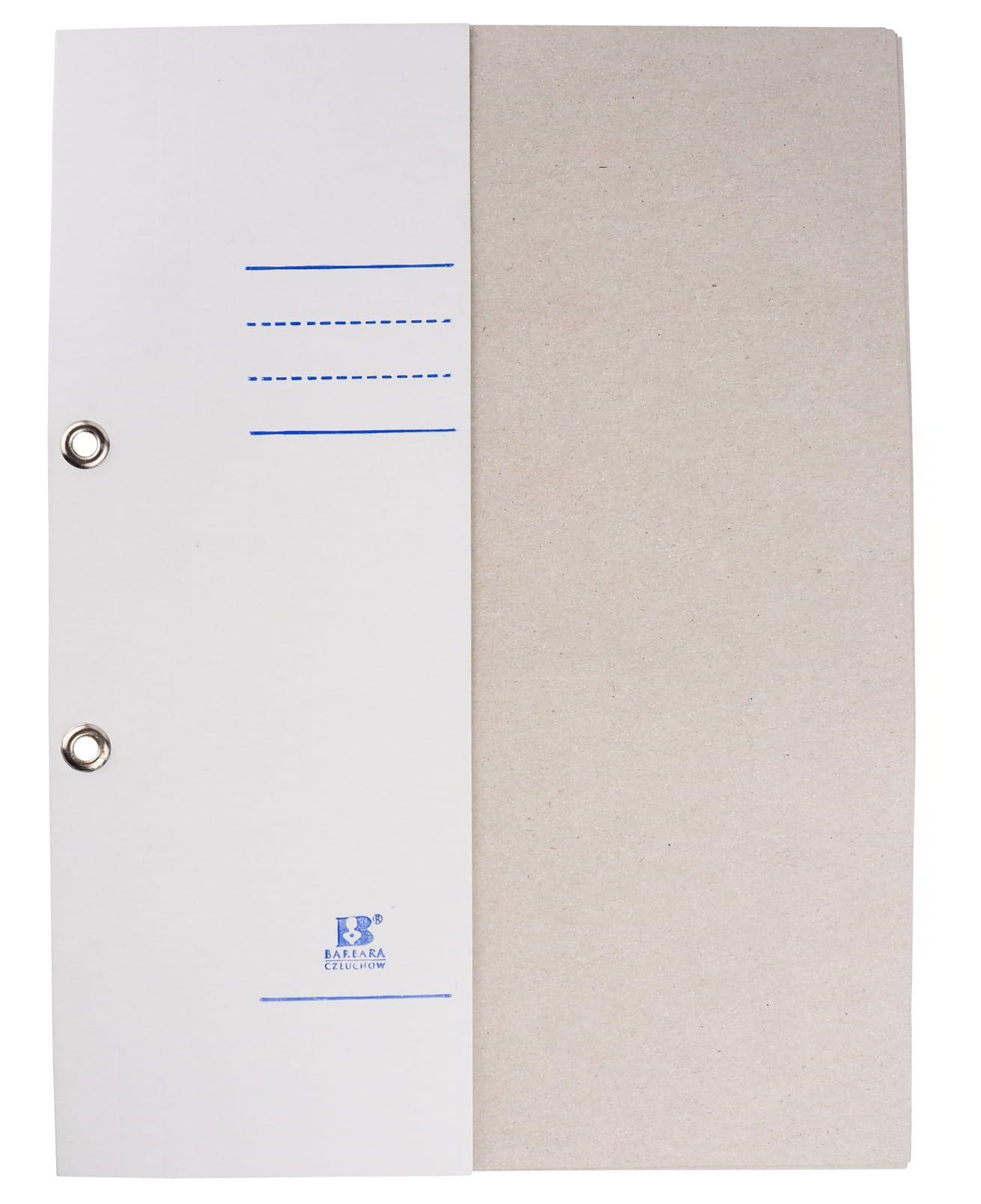 Skoroszyt oczkowy 1/2, wykonany z tektury jednostronnie bielonej i metalowymi oczkami do wpinania, o gramaturze: 250g, w zgrzewce 25 szt. Standardowy skoroszyt do przechowywania większej ilości dokumentów.