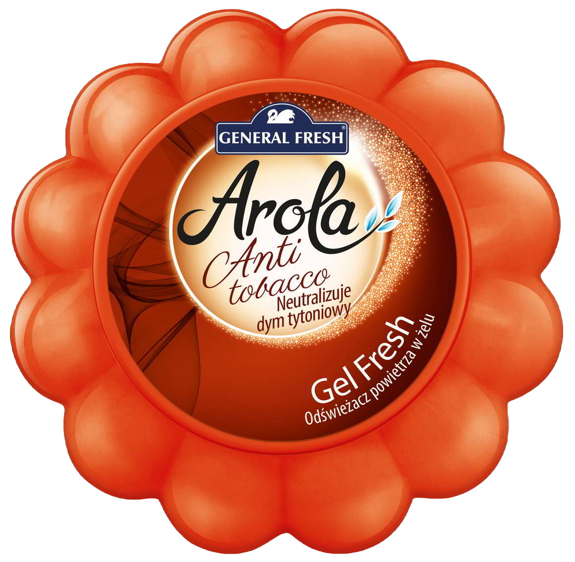 Odświeżacz General Fresh Arola żelowy antytabak 150g w pomarańczowym opakowaniu kwiatu.
