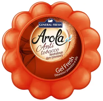 Odświeżacz General Fresh Arola żelowy antytabak 150g w pomarańczowym opakowaniu kwiatu.
