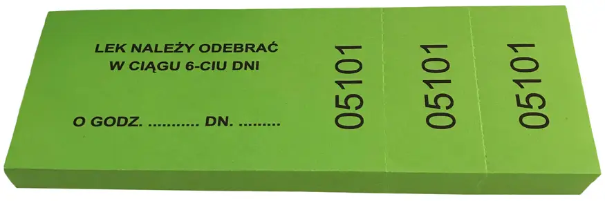 Komplet aptekarskich numerków recepturowych, 100 sztuk w bloczkuDruki akcydensowe przeznaczone do wypełniania, wykorzystywane w czynnościach urzędowych, handlowych. Niezbędne w funkcjonowaniu firm, urzędów i innych jednostek zgodnie z obowiązującymi no...