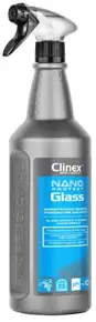 Płyn do mycia szyb CLINEX Nano Protect Glass 1L w srebrnej butelce ze sprayem, na białym tle.