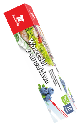 Grube i wytrzymałe worki na mrożonki, wyposażone w suwak ułatwiający szczelne, wielokrotne zamykanie torebki. Służą do pakowania, przechowywania i mrożenia żywności. Posiadają nadrukowane pole pozwalające na umieszczenie opisu, np.: zawartości, daty za...