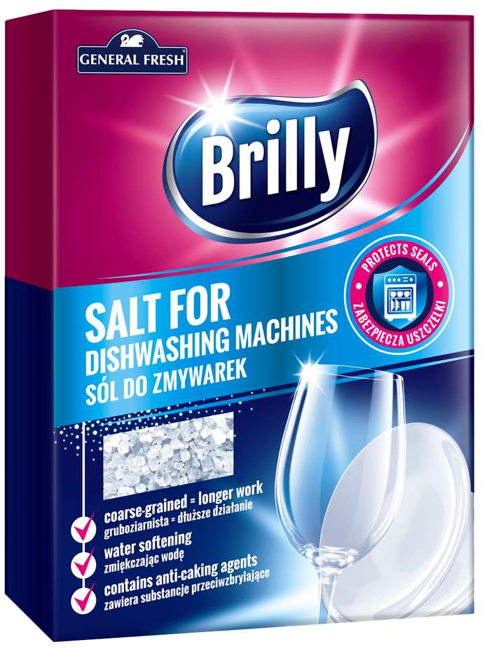 BRILLY Sól do zmywarek 1,5 kg Opakowanie soli BRILLY do zmywarek 1,5 kg marki General Fresh z widocznym produktem granulowanym.