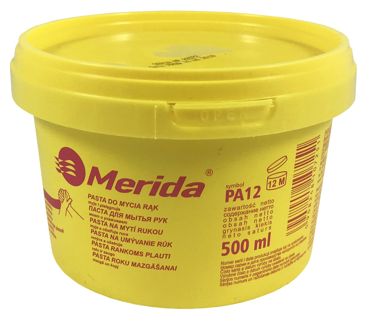 Pasta do mycia rąk MERIDA 500ml żółta w plastikowym opakowania z uchwytem i zakrętką.