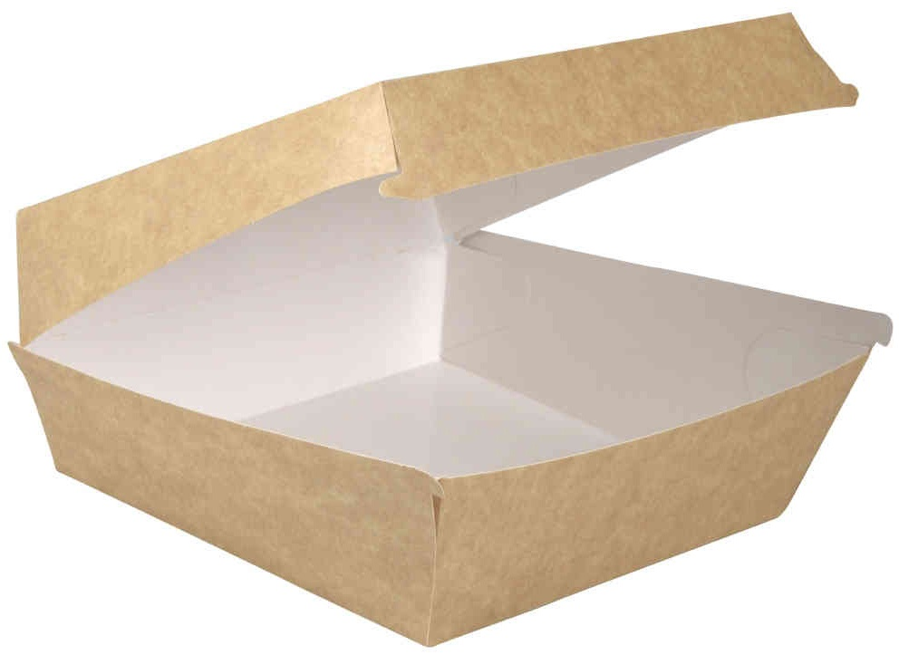 Pudełko papierowe do burgerów zamykane kraft 15x15x8 cm z białą wkładką.