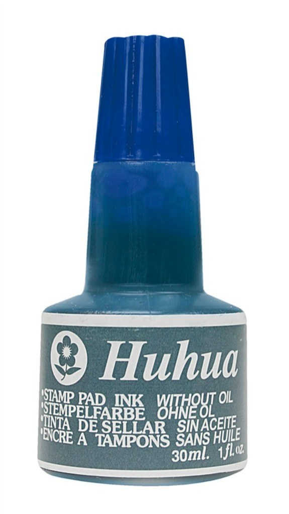 Tusz HUHUA do stempli 30ml Tusz Huhua do stempli 30ml bez oleju w niebieskiej butelce z niebieską końcówką.