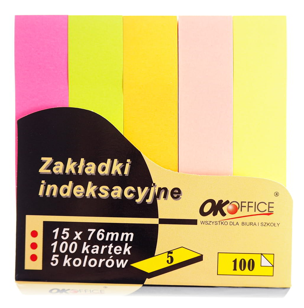 Zakładki indeksacyjne 15x76mm pięć kolorów neonowych po 100 karteczek OKO Office