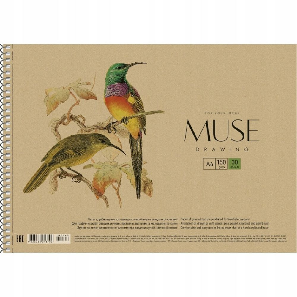 Szkicownik na spirali MUSE Drawing A4 150g 30 kartek z ptakami na beżowym tle