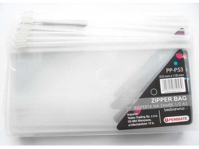 Teczka kopertowa PP B6/ DL na zamek PP-53 Teczka kopertowa wykonana z czystego PCV. Wykonana na zamek strunowy, Wymiary: 230x118 mm. Format: C6 DL.