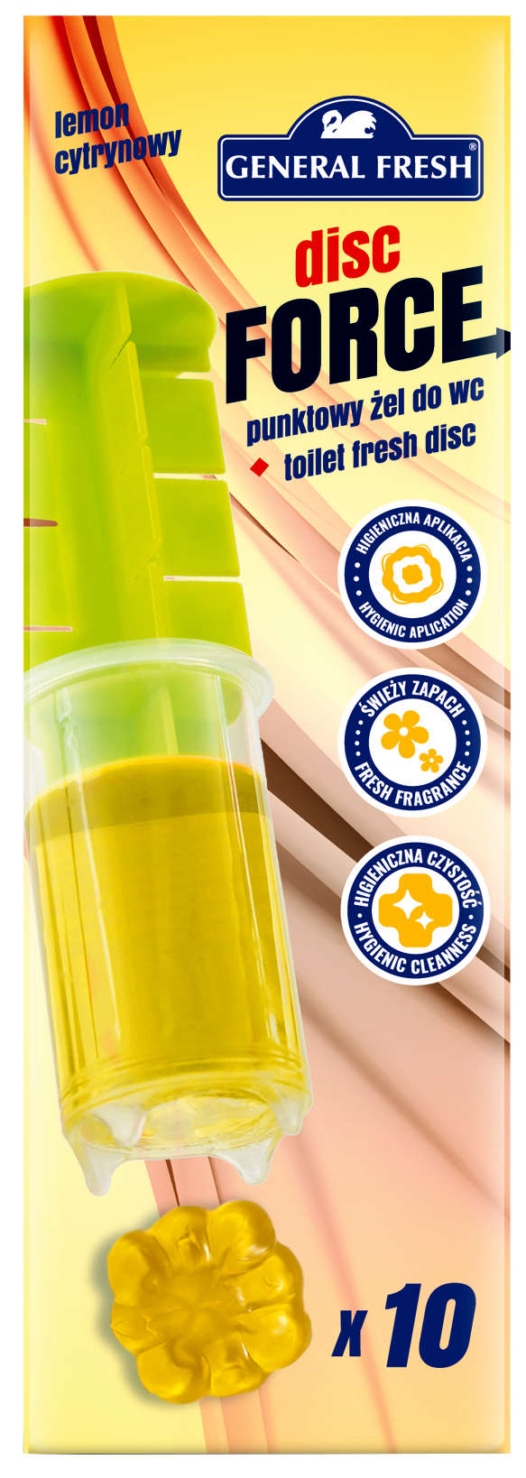 Żel do WC Punktowy Kleks DISC FORCE 60ml CYTRYNA X 10 krążki żelowe General Fresh Żel do WC Disc Force General Fresh cytrynowy 60ml aplikator z 10 żelowymi krążkami punktowymi