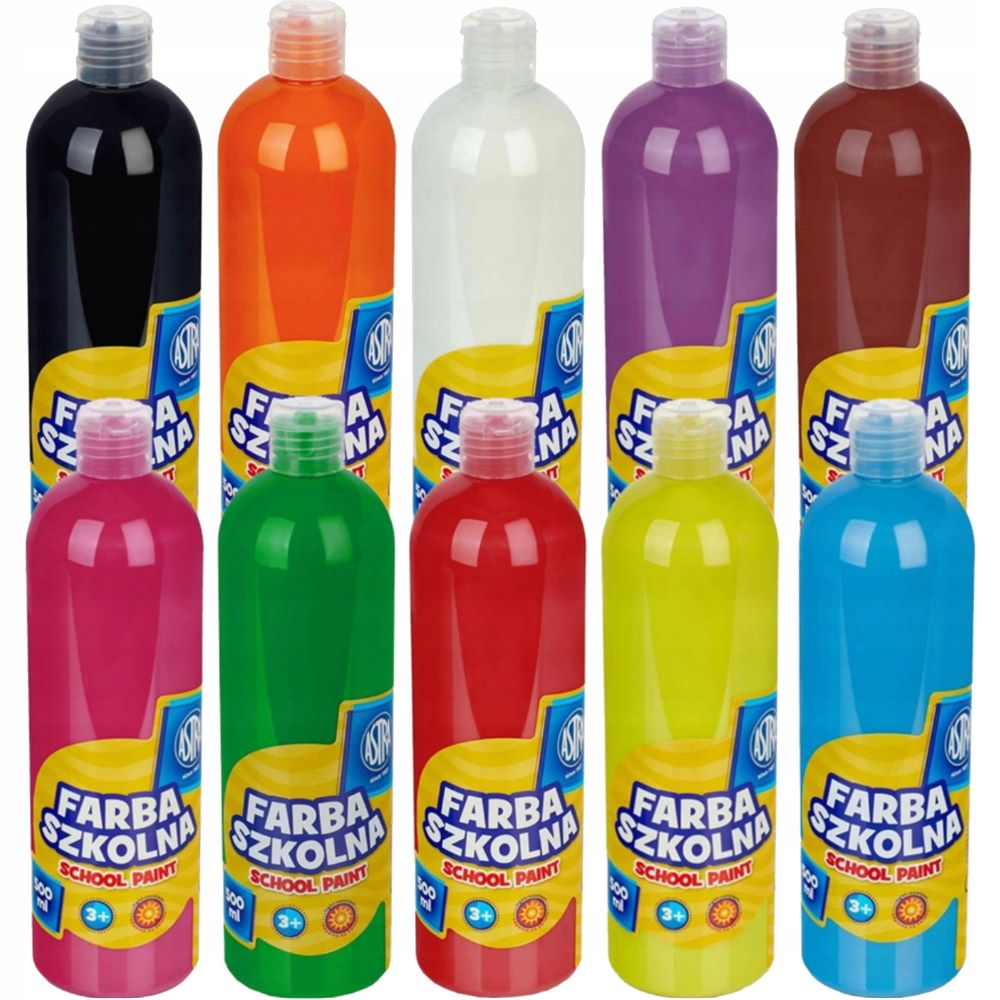 Farba plakatowa ASTRA 500ml, zestaw dziesięciu butelek w kolorach: czarnym, pomarańczowym, białym, fioletowym, czerwonobrązowym, różowym, zielonym, czerwonym, żółtym i niebieskim.