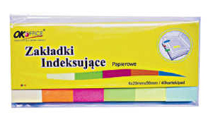 Papierowe zakładki indeksujące, wymiary: 20mm x 50mm. Ilość kartek: 240 (6x40).