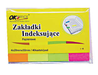 Zakładki indeks. 4x40szt. Papiernr.105 Zakładki indeksujące, substancja klejąca usuwalna za pomocą wody, żywe kolory przyciągają spojrzenie. Idealne do pozostawienia uwag, informacji w formie zakładki. Ilość fiszek: 4x40, wielorazowe. Wymiary: 20mm x 50mm.