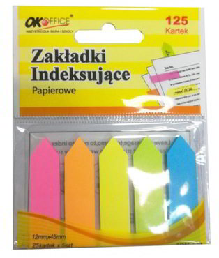 Papierowe zakładki indeksujące, wymiary: 12mm x 45mm. Ilosć kartek: (125 5x25). Mix 5 kolorów.