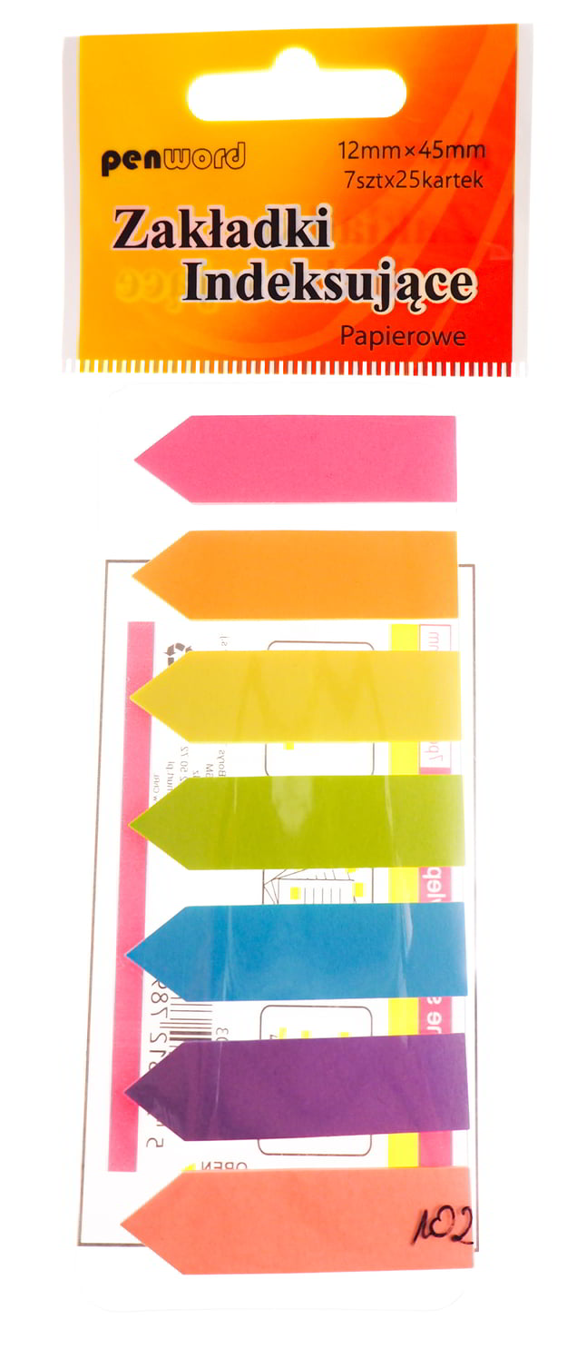 Papierowe zakładki indeksujące, wymiary: 12mm x 45mm. Ilość kartek (175 7x25). Mix 7 kolorów.