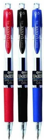 Automatyczny długopis żelowy U-Knock, posiada końcówkę kulkową: 0,5 mm, wymienny wkład, grubość lini pisania: 0,29mm.