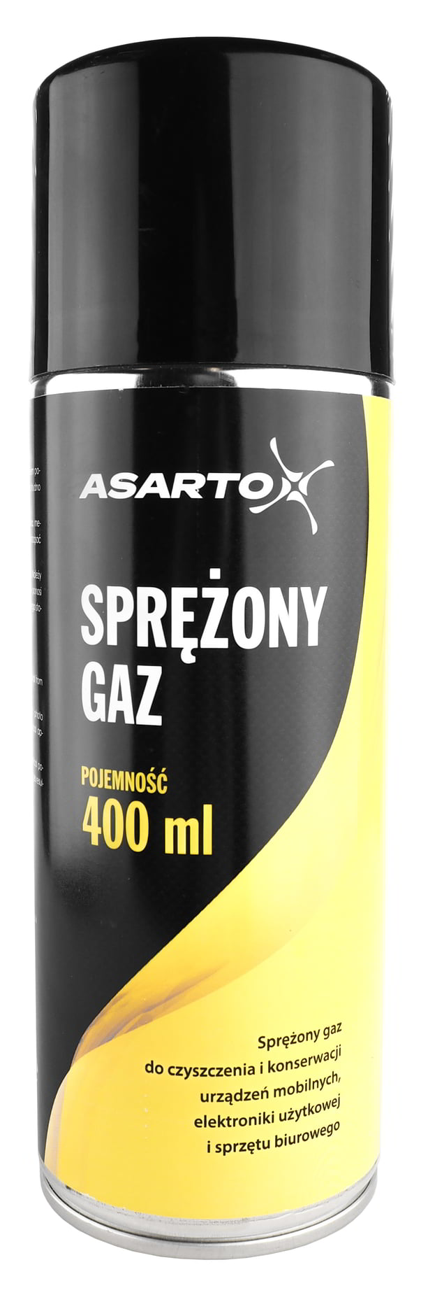 Sprężone powietrze ASARTO 400ml do czyszczenia w czarnej puszce z żółtym akcentem