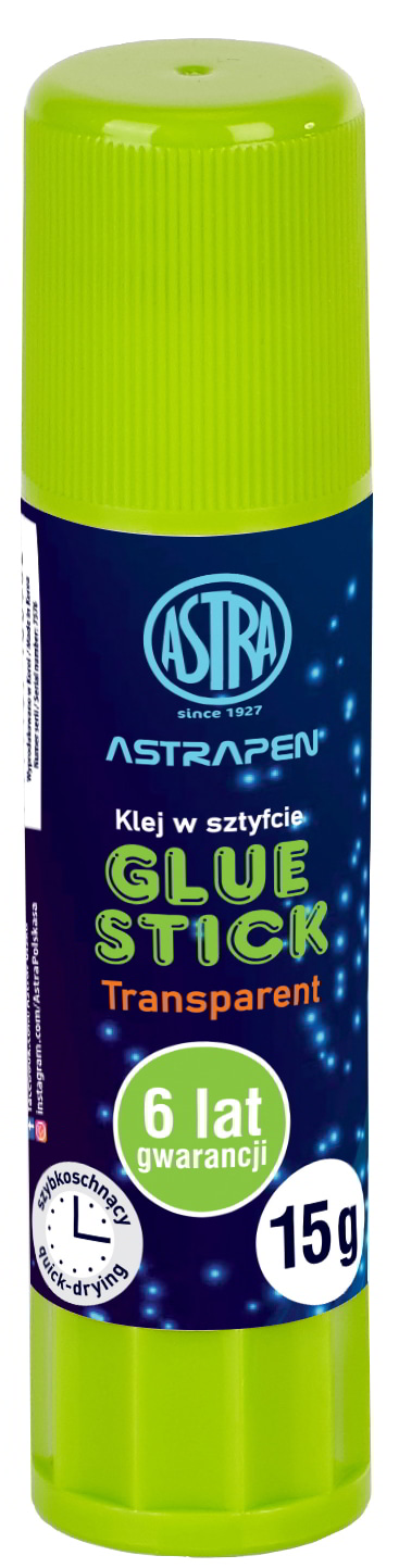 Klej w sztyfcie 15g Transp.ASTRAPENASTRA Klej w sztyfcie 15g ASTRA ASTRAPEN przezroczysty, zielone opakowanie z czarną etykietą.