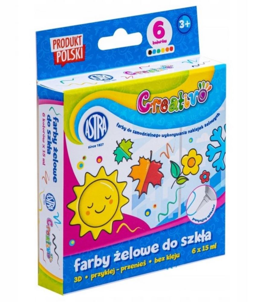 Farby żelowe do tworzenia naklejek ASTRA CREATIVO zestaw 6 x 15ml, opakowanie z ilustracją słoneczka i kwiatów