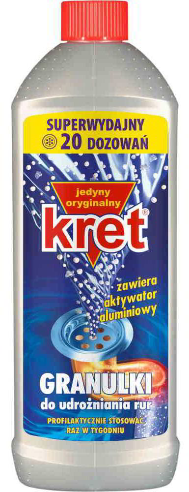 Kret granulki do udrażniania rur 800g z aktywatorem aluminiowym w butelce 500ml