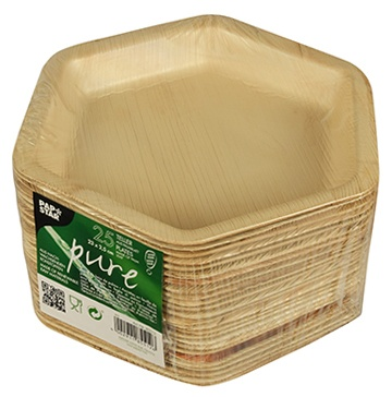 Liść Palmowy Talerz sześciokąt 23cm25szt PURE 23,5/3cm Naczynia z całego liścia palmowego bez powlekania co daje im unikatowy i wyjątkowy wzór. Są w pełni biodegradowalne i kompostowalne. Charakteryzują się lekkością jak równieź odrponością na wysokie temperatury. Prosty design naczyń czyni je idealnymi na...