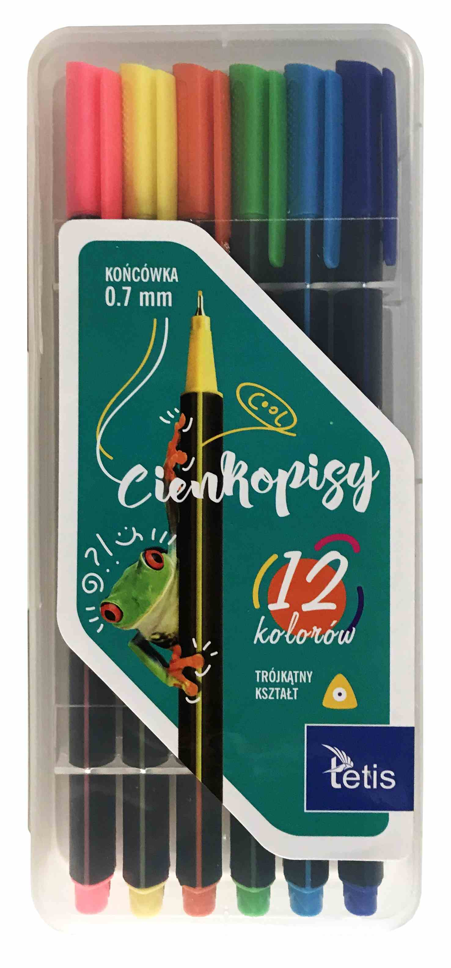Cienkopisy TETIS 12 kolorów w opakowaniu, trójkątny kształt, grubość linii 0,7mm.