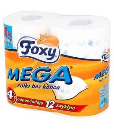 Papier toaletowy Foxy Mega posiada 450 listków. To znaczy, że 4 rolki papieru FOXY odpowiadają jednej paczce z 12 rolkami, każda po 150 listków. Wykonany z dwuwarstwowej celulozy.

