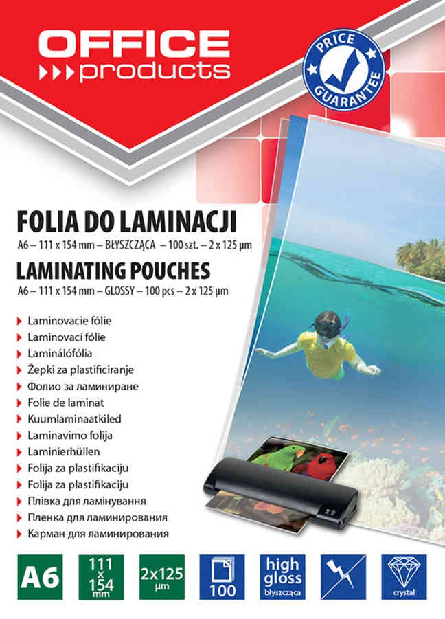 Folia do laminowania A6 błyszcząca 2x125μm, opakowanie 100 sztuk.