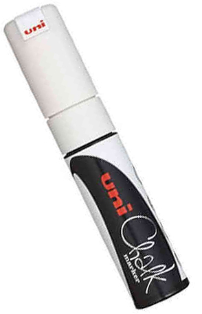 Marker kredowy UNI PWE-8K biały, ścięta końcówka 8 mm, do pisania na tablicach i szkle.