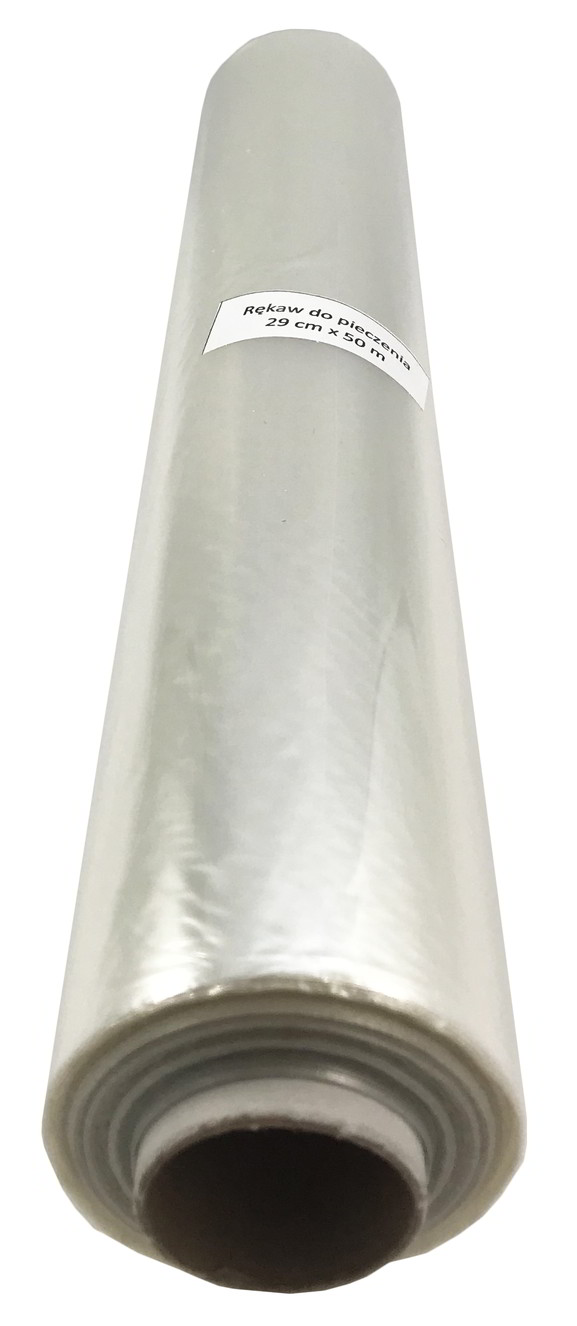 Rękaw do pieczenia 29cm x 50m przezroczysty w rolce z etykietą.