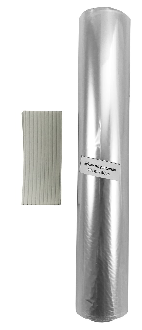 Rękaw do pieczenia 29cm x 50m przezroczysty z drucikmi zamykającymi, opakowanie rolkowe.