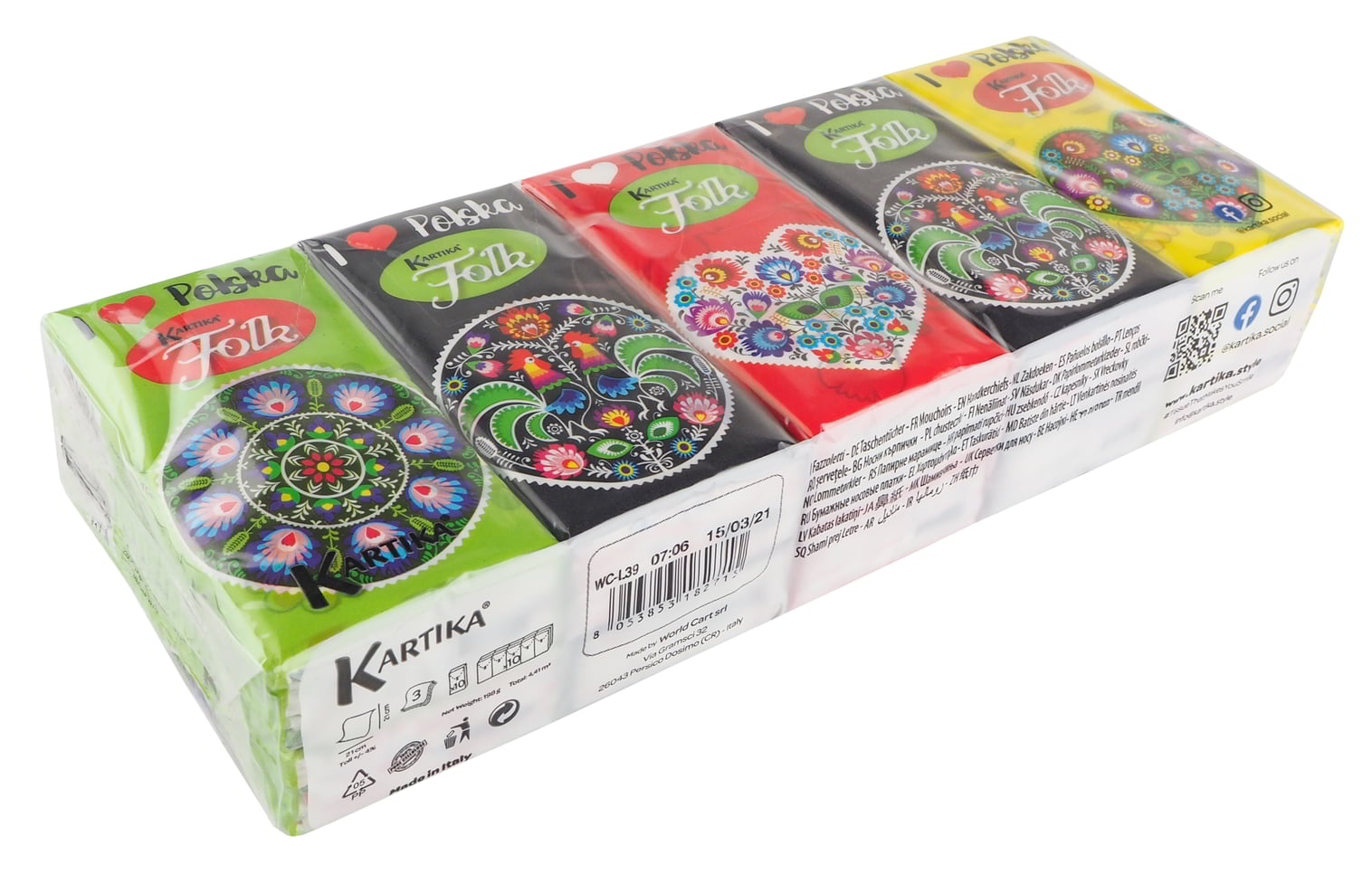 Chusteczki higieniczne KARTIKA 3-warstwowe 10 sztuk z nadrukiem, opakowanie kieszonkowe w różnych kolorach.