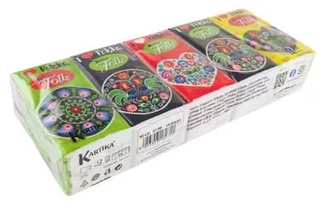 Chusteczki higieniczne KARTIKA 3-warstwowe 10 sztuk z nadrukiem, opakowanie kieszonkowe w różnych kolorach.