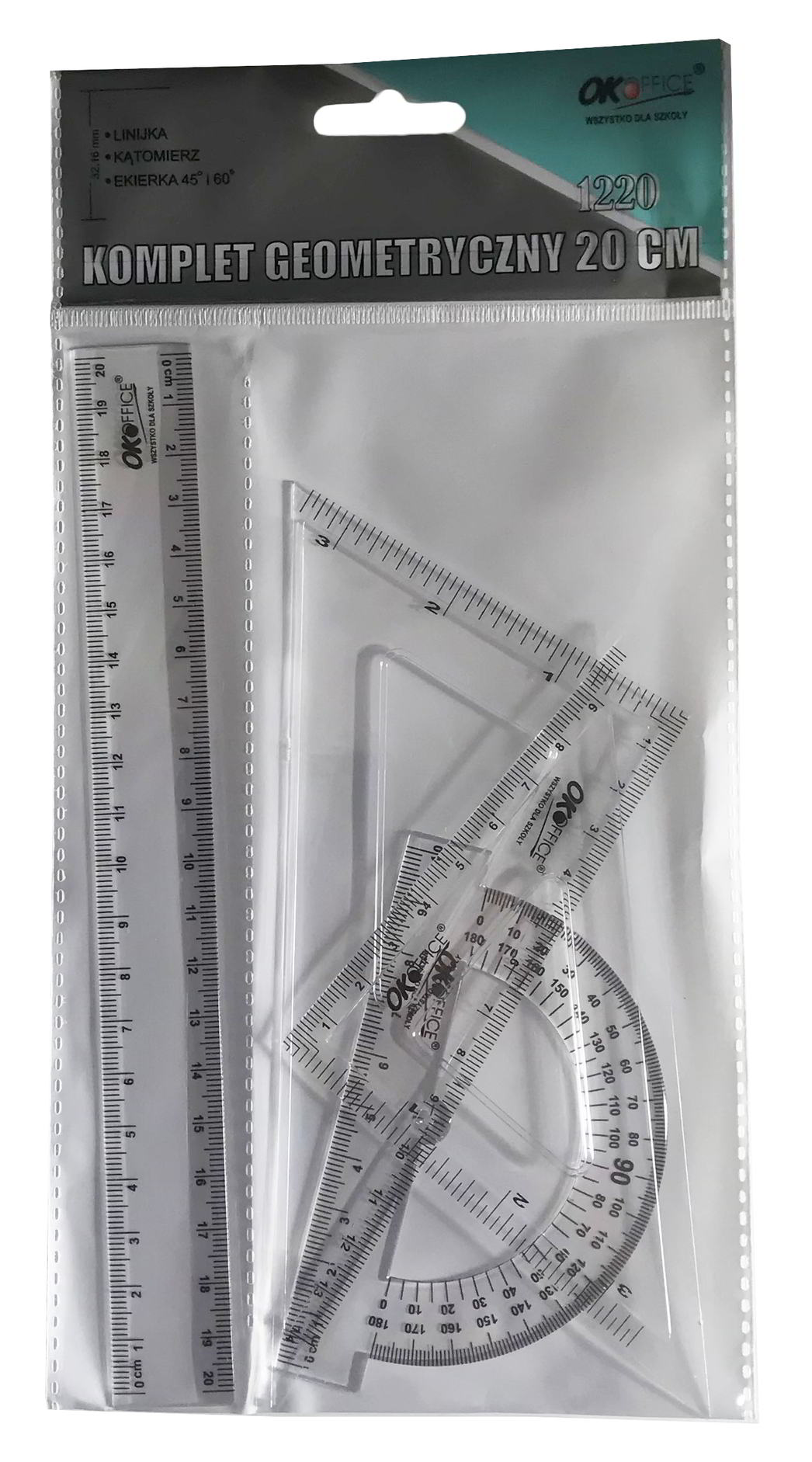 Zestaw geometryczny 4 elementowy OkOffice przeźroczysty 20cm: linijka, kątomierz, dwie ekierki.