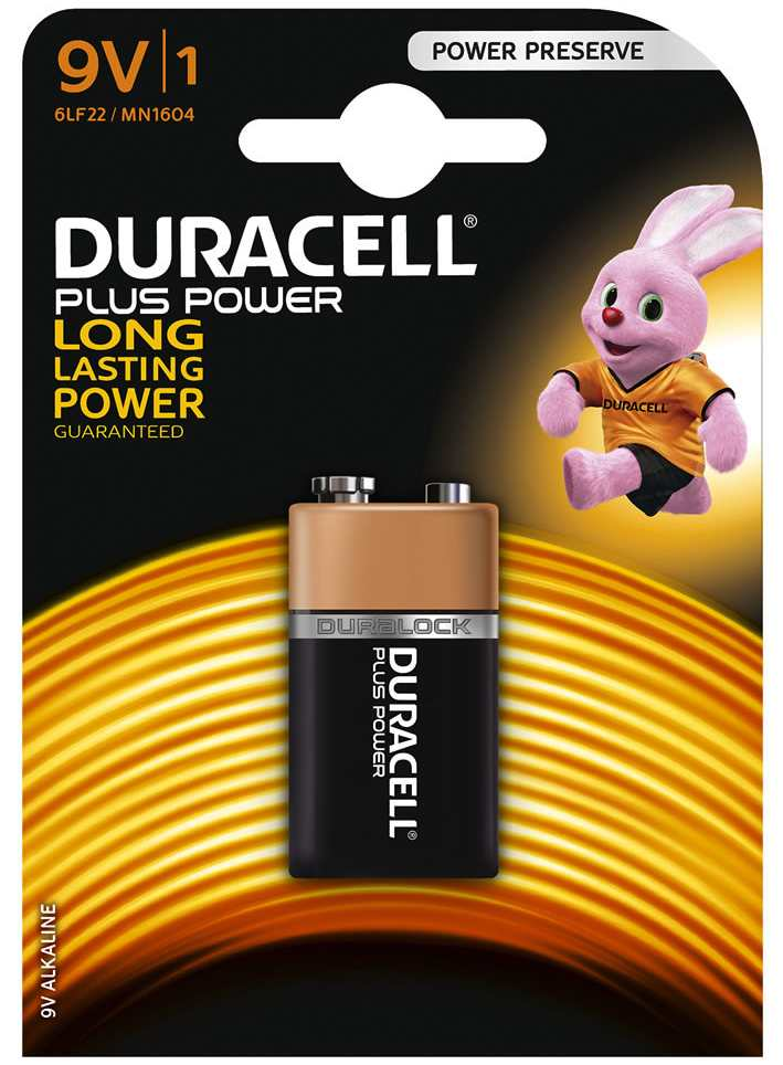 Bateria Duracell alkaliczna 9V Plus Power, blister jednosztukowy z maskotem marki.
