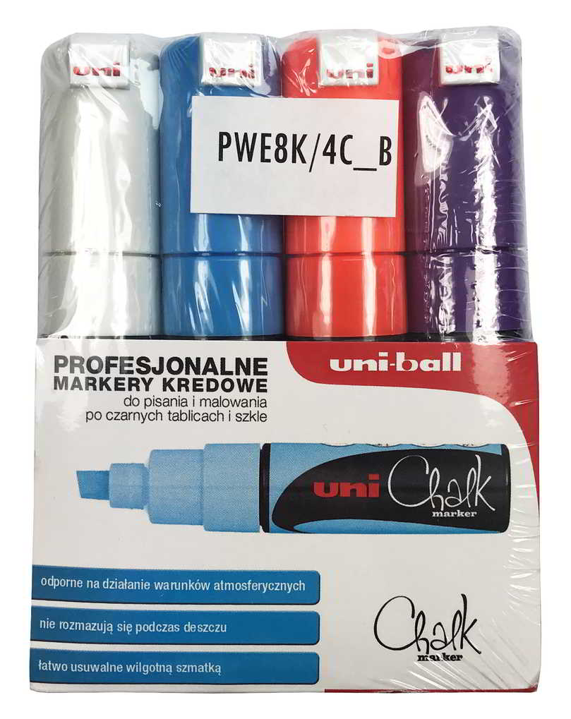 Marker kredowy uni-ball Chalk zestaw 4 kolory do tablic i szkła, opakowanie zawiera markery w kolorach: białym, niebieskim, czerwonym i fioletowym.