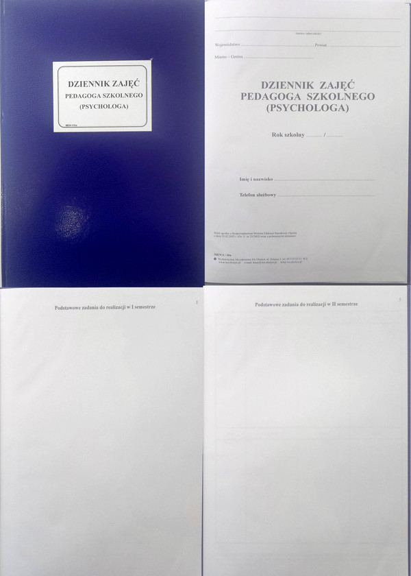 DR Dziennik zajęć pedagog/psych.szkol.A4 50 kart. 5/03/I/10A Druki akcydensowe przeznaczone do wypełniania, wykorzystywane w czynnościach urzędowych, handlowych. Niezbędne w funkcjonowaniu firm, urzędów i innych jednostek zgodnie z obowiązującymi normami prawnymi.
