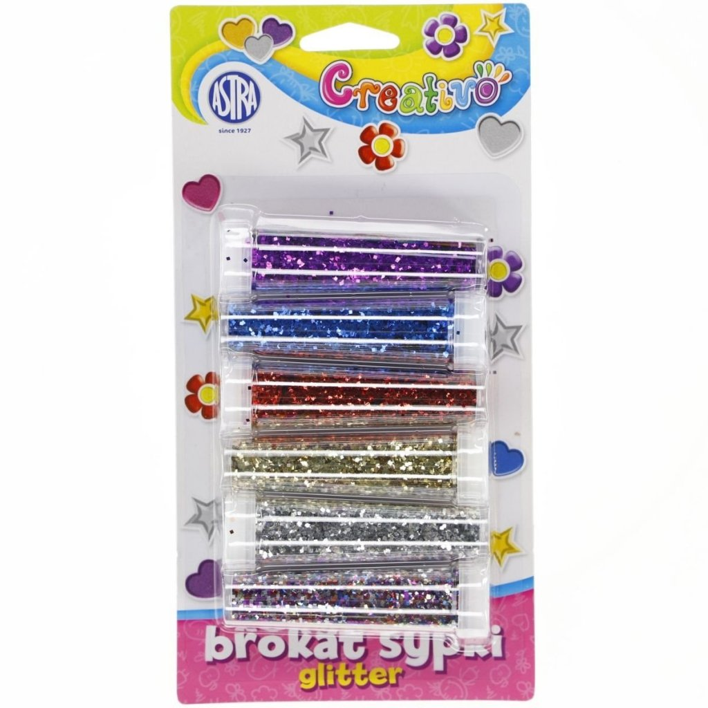 Ciekawy pakiet brokatów do ozdabiania rysunków, malowideł oraz ozdobnego pisania. Opakowanie zawiera: 7g x 6kolorów.