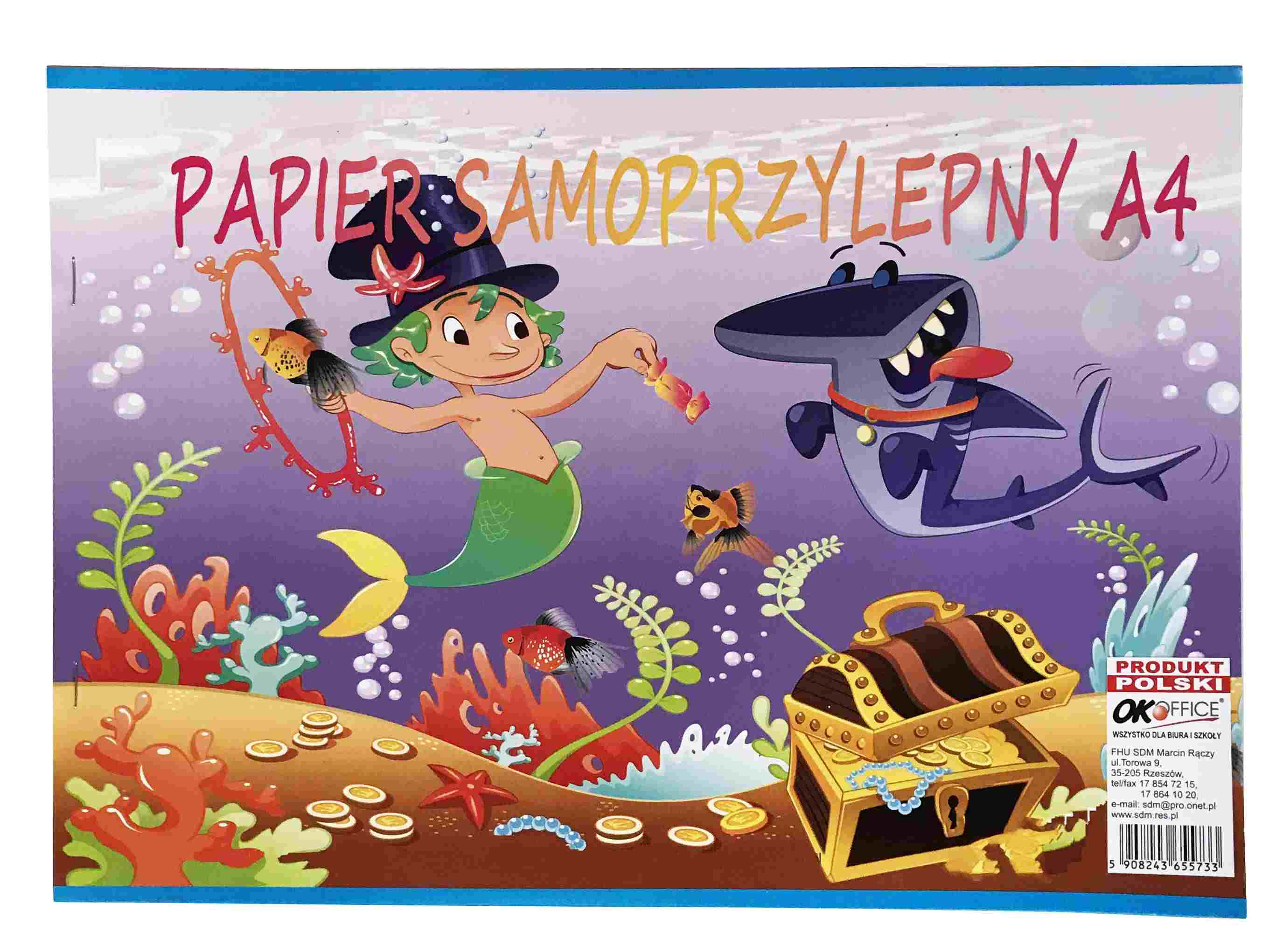 Blok papieru samoprzylepnego A4 z kolorową ilustracją morską, 8 kartek, okładka z syreną i rekinami.