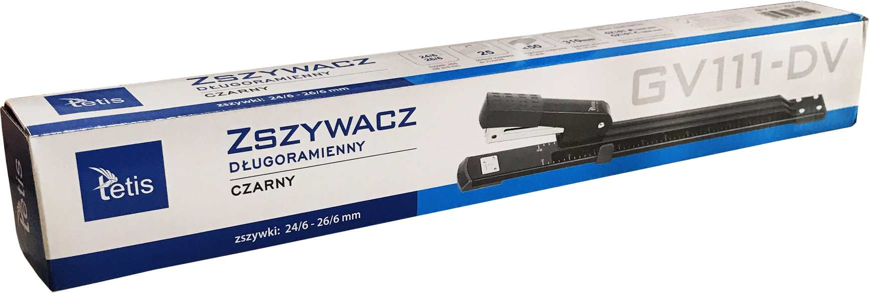 Zszywacz długoramienny czarny Tetis do 50 kartek z skalą centymetrową i calową.