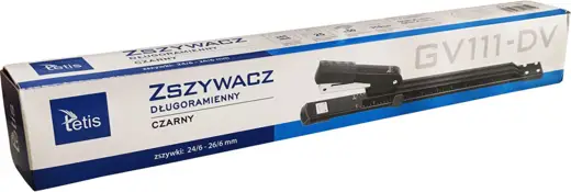 Zszywacz długoramienny metalowy. Zszywanie zamknięte i otwarte. Dodatkowo wyposażony w skalę centymetrową oraz calową. Dostosowany do zszywek o rozmiarach  24/6-26/6 mm. Zszywa do 25 kartek. Głębokość wsuwania kartek: 310mm