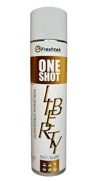 Odświeżacz powietrza FRESHTEK Liberty One Shot 600ml aerozol w białym opakowaniu z brązowym paskiem.