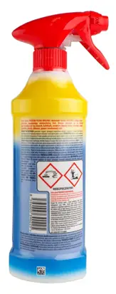 SAVO Przeciw pleśni 0,5L butelka ze spryskiwaczem pokazana z tyłu z symbolami zagrożenia chemicznego.