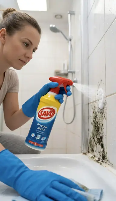 Kobieta w rękawicach natryskuje SAVO Przeciw pleśni na zapleśniałe fugi płytek w łazience.