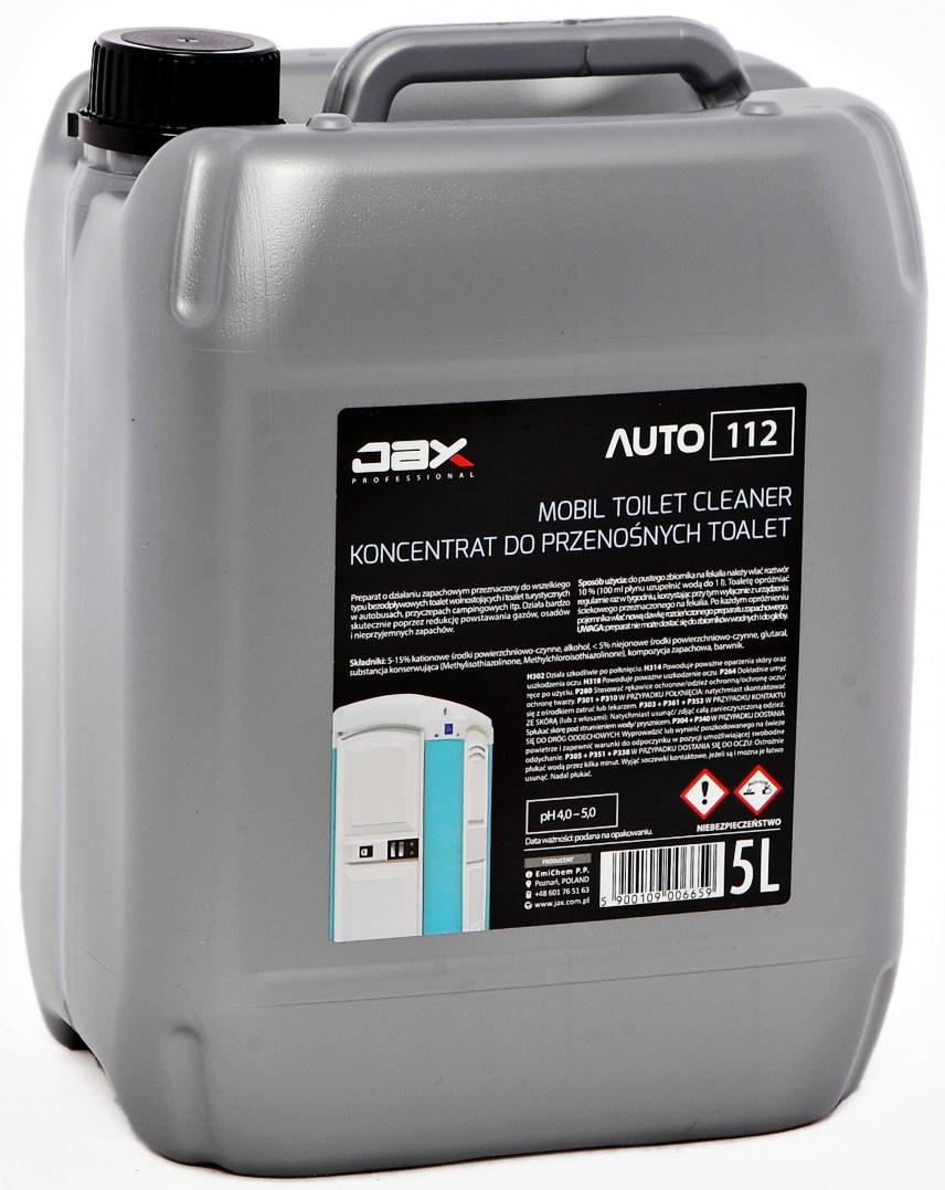 JAX Auto 112 płyn do toalet turystycznych 5L w szarym kanistrze z czarną nakrętką.