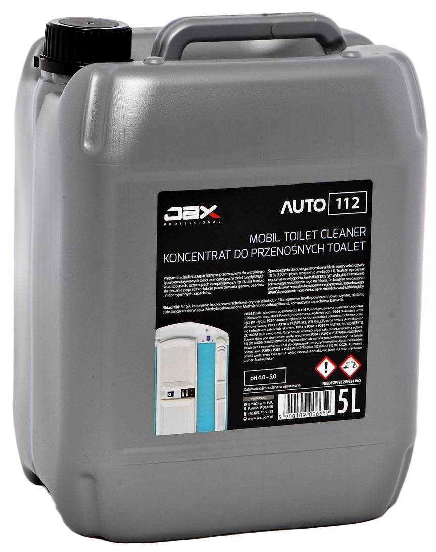 JAX Auto 112 płyn do toalet turystycznych 5L w szarym kanistrze z czarną pompką.