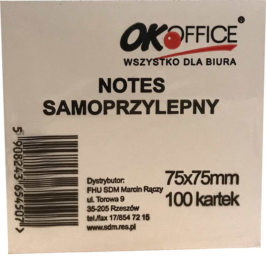 Kostka samoprzylepna OK Office 75x75 mm do notatek, 100 kartek