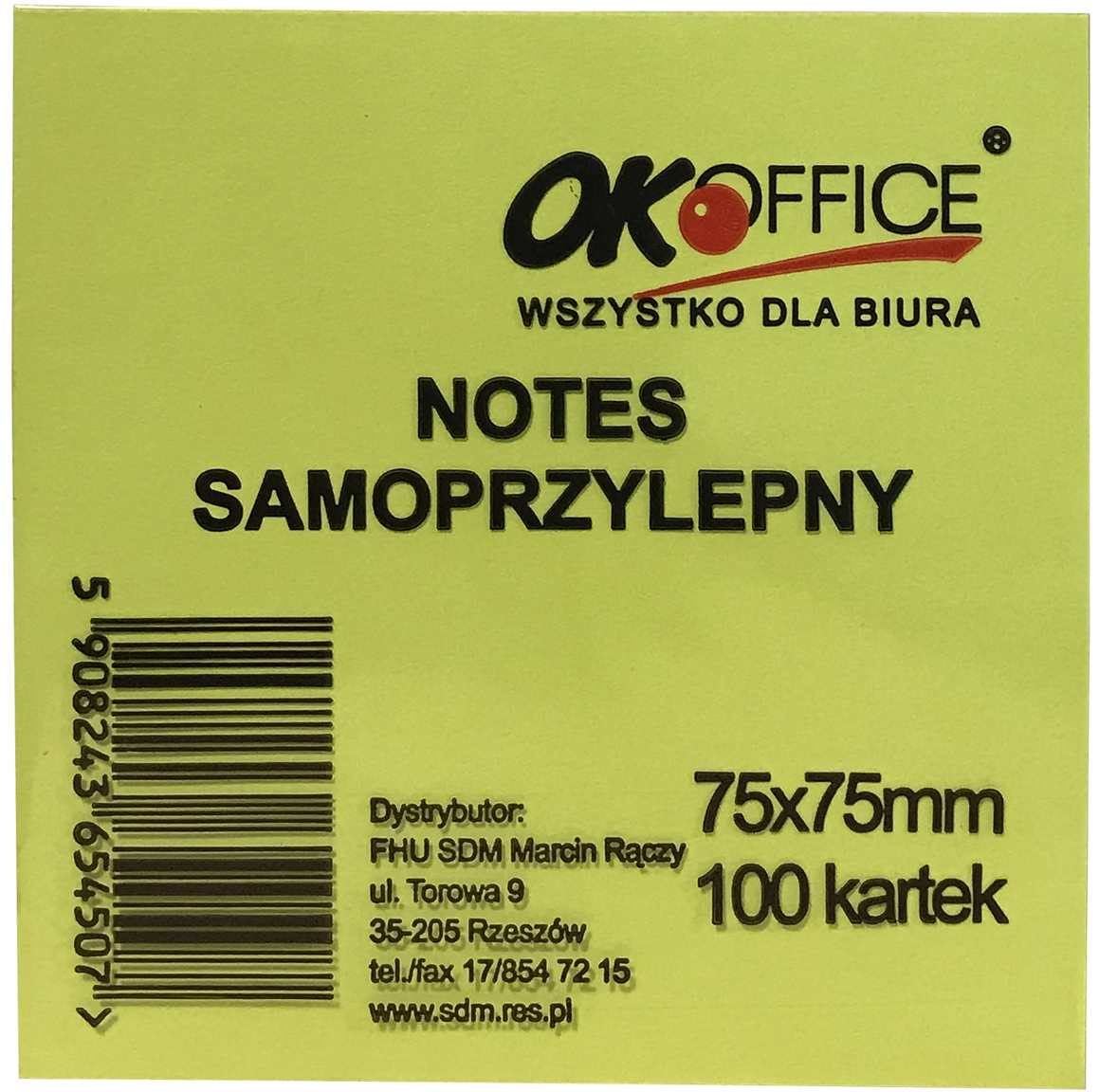 Kostka samoprzylepna OK Office 75x75 mm limonkowa, 100 kartek do notatek