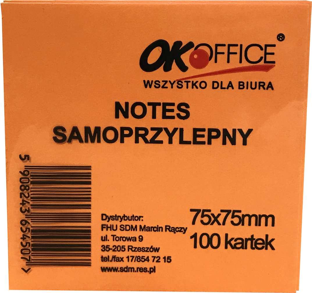 Kostka samoprzylepna OK Office 75x75 mm pomarańczowa, 100 kartek do notatek.